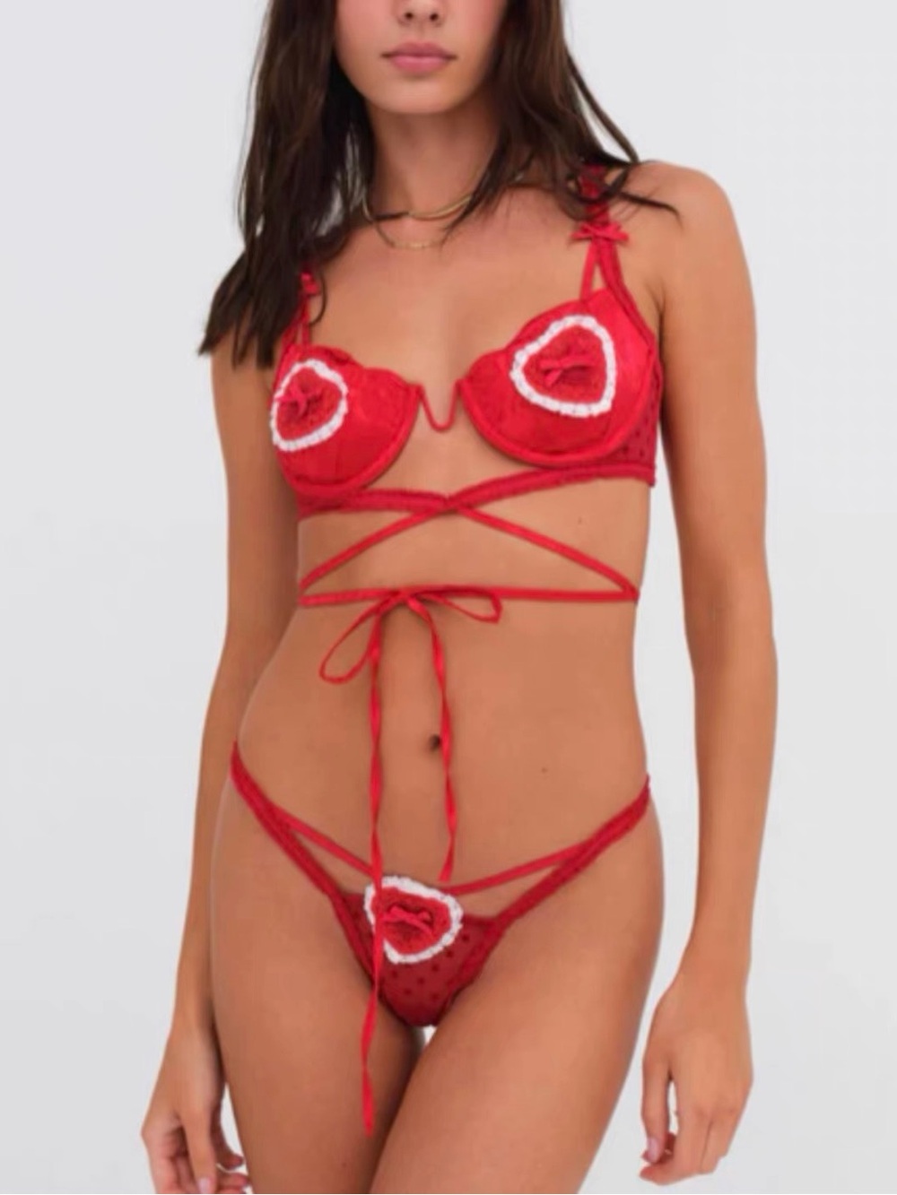 For Love & Lemons Red Lace Heart Trim Bra & Garter Belt Set